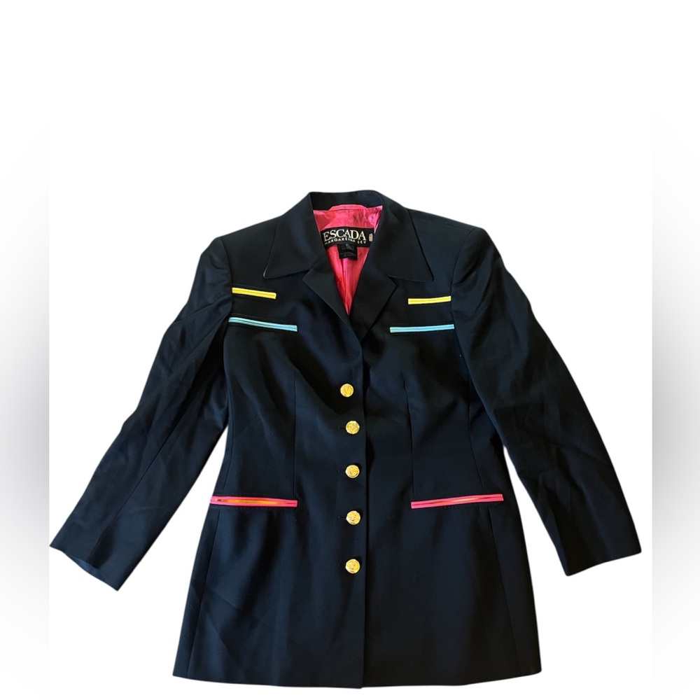Escada 80’s Black Italian wool Blazer with neon piping trim & gold buttons